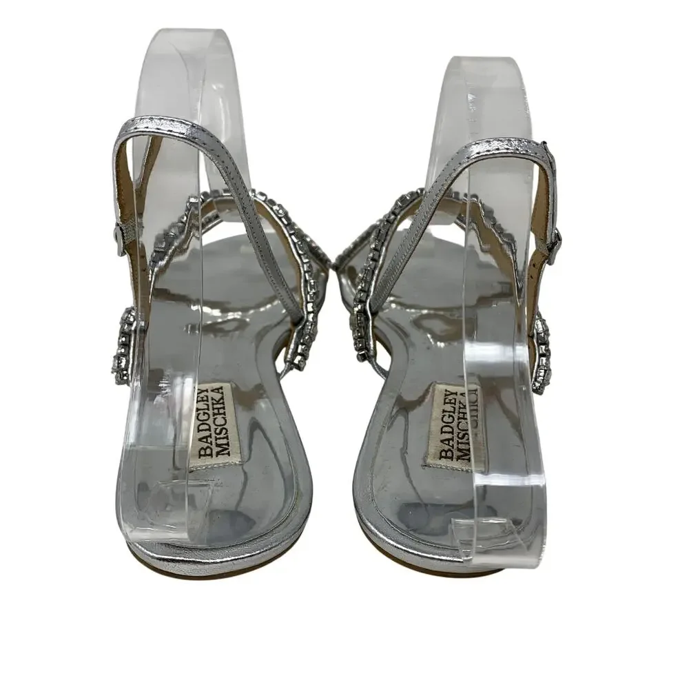 Badgley Mischka Silver Crystal Rhinestone Flat Sandals Womens Size 7 Slingback